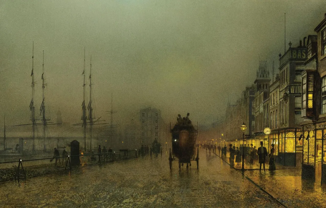 Photo wallpaper lights, home, picture, promenade, mast, John Atkinson Grimshaw, John Atkinson Grimshaw, Saturday Night. Clyde. Glasgow