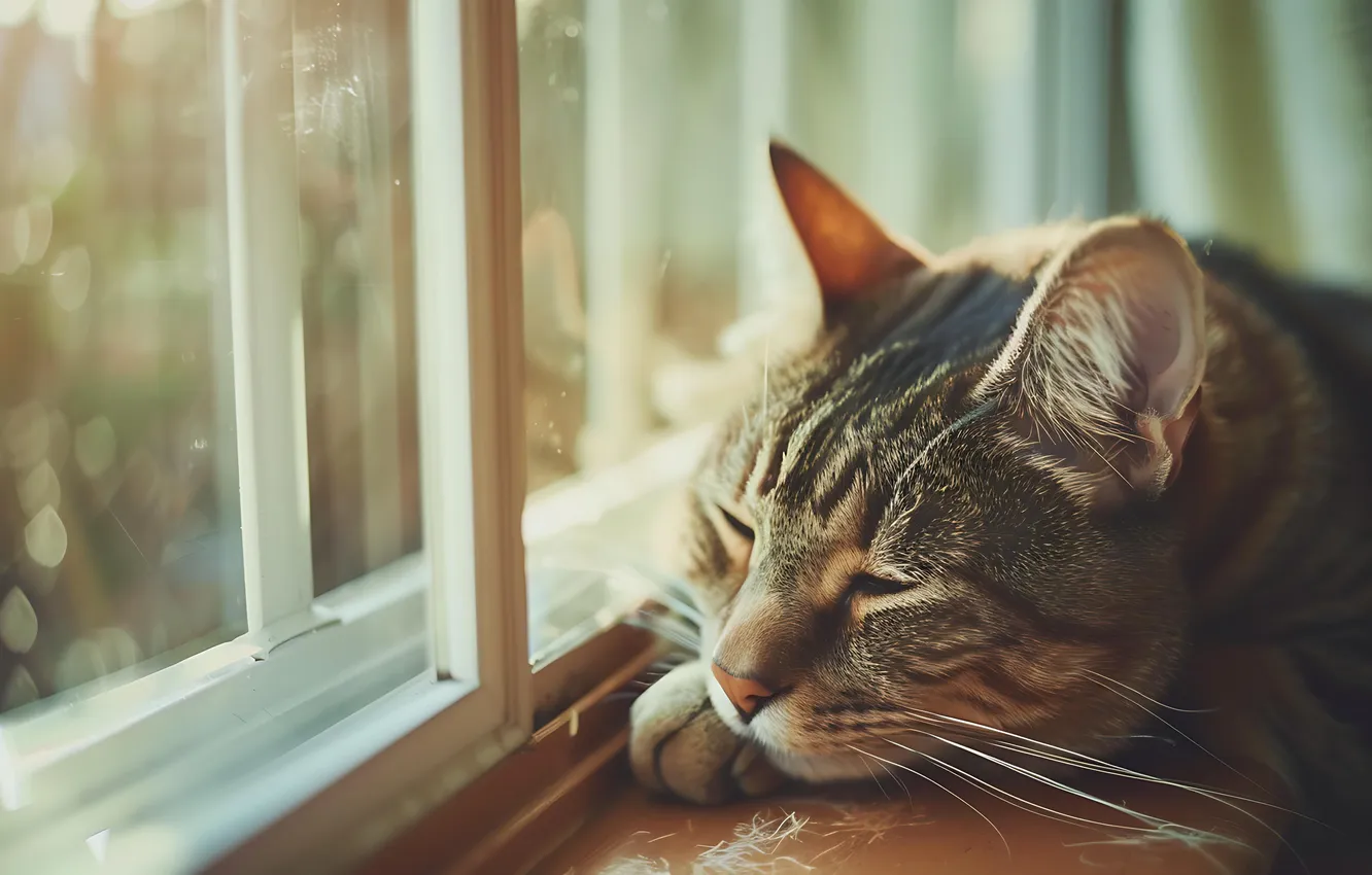 Photo wallpaper cat, cat, glass, light, pose, grey, stay, frame