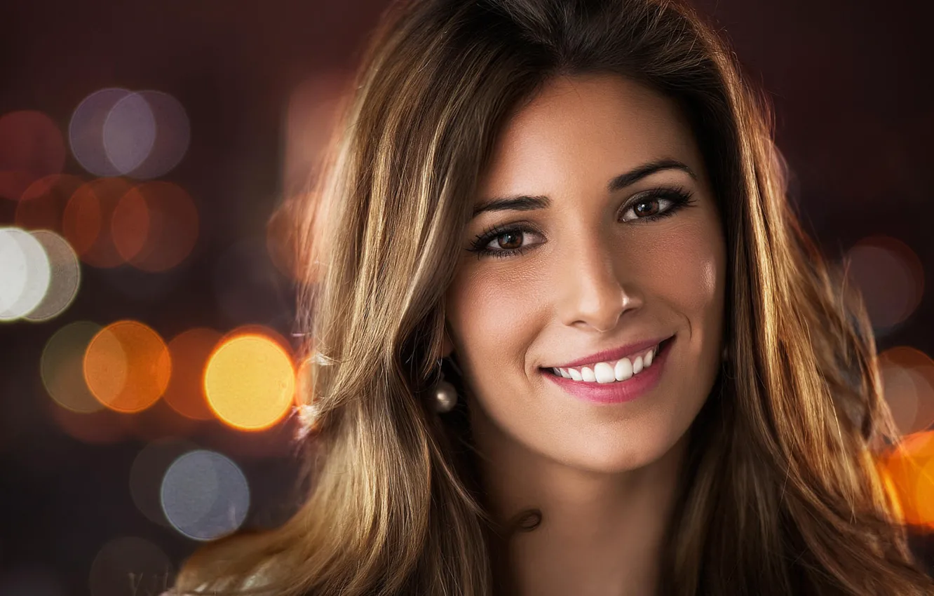 Photo wallpaper look, smile, glare, background, model, portrait, makeup, hairstyle