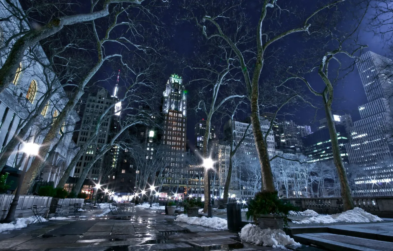 Photo wallpaper city, lights, USA, road, trees, night, New York, NYC