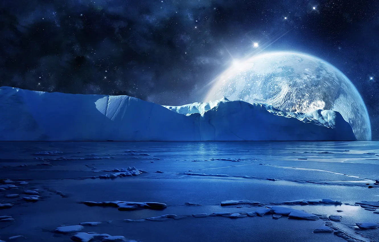 Photo wallpaper cold, ice, sea, water, stars, night, planet, ice