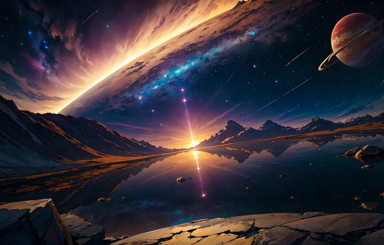 Photo wallpaper space, sunset, rocks, planet, space, Other Worlds, water surface, digital art