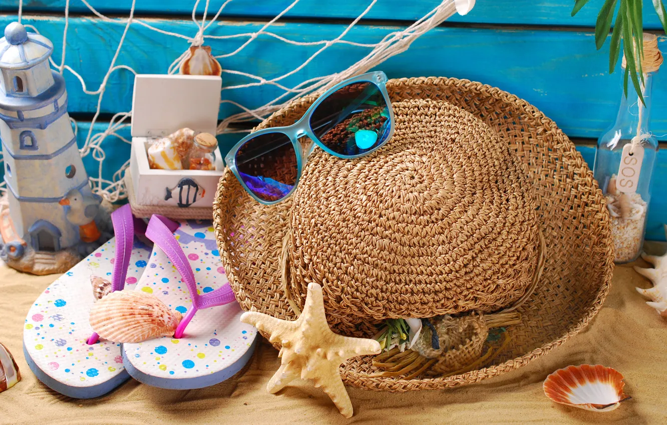 Photo wallpaper sand, beach, summer, stay, hat, glasses, shell, summer