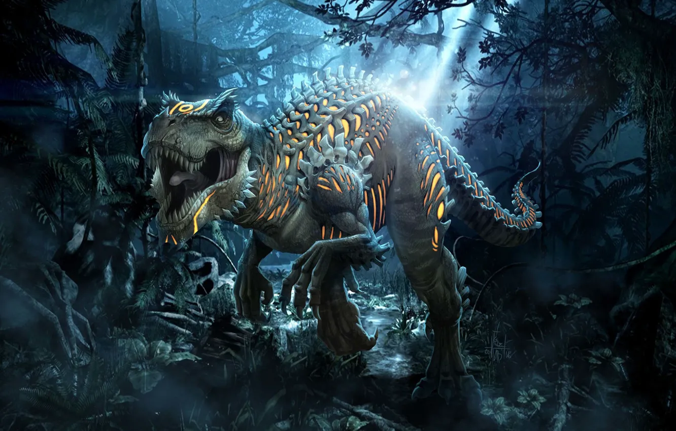 Photo wallpaper forest, dinosaur, lizard, forest, art, lizard, T-Rex, Tyrannosaurus