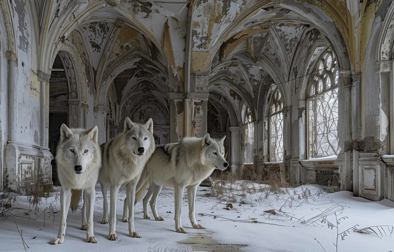 Photo wallpaper snow, the building, wolves, devastation, trio, Trinity, neural network