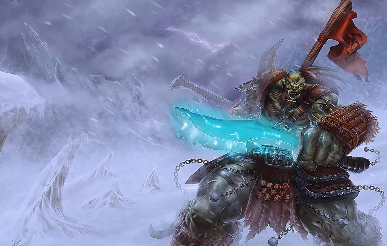 Photo wallpaper snow, sword, Orc, wow, world of warcraft, banner, orcs