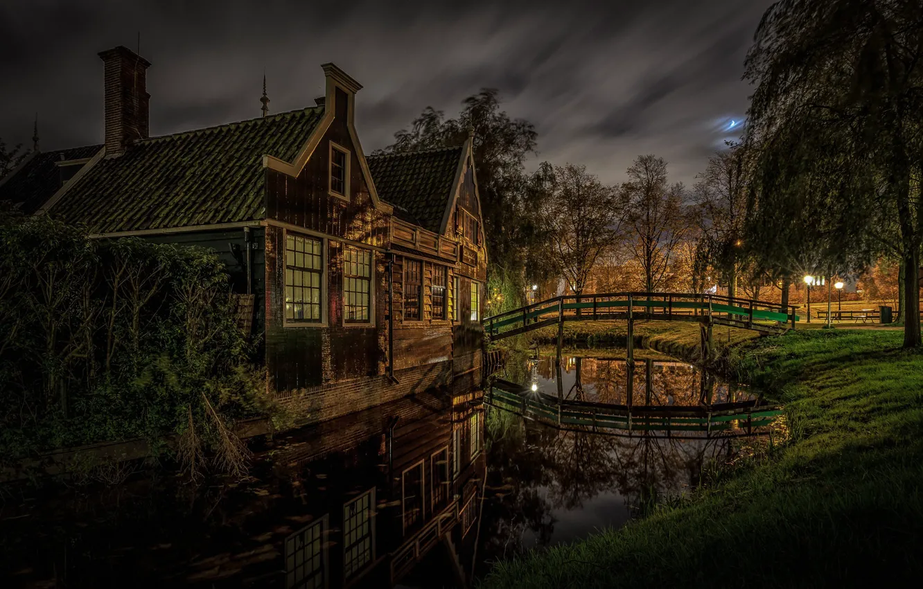 Photo wallpaper night, home, channel, Netherlands, the bridge, The Zaanse Schans