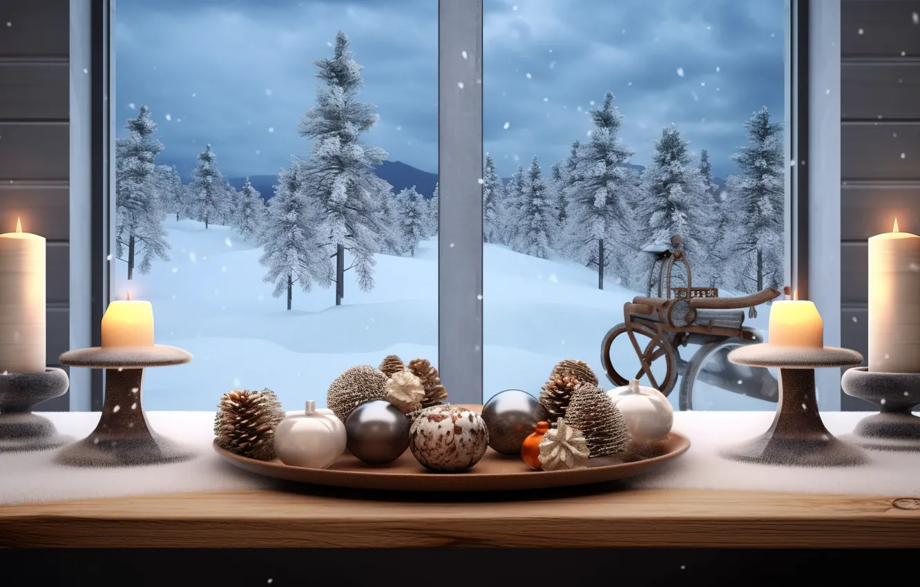 Photo wallpaper winter, decoration, gift, balls, new year, window, Christmas, Christmas