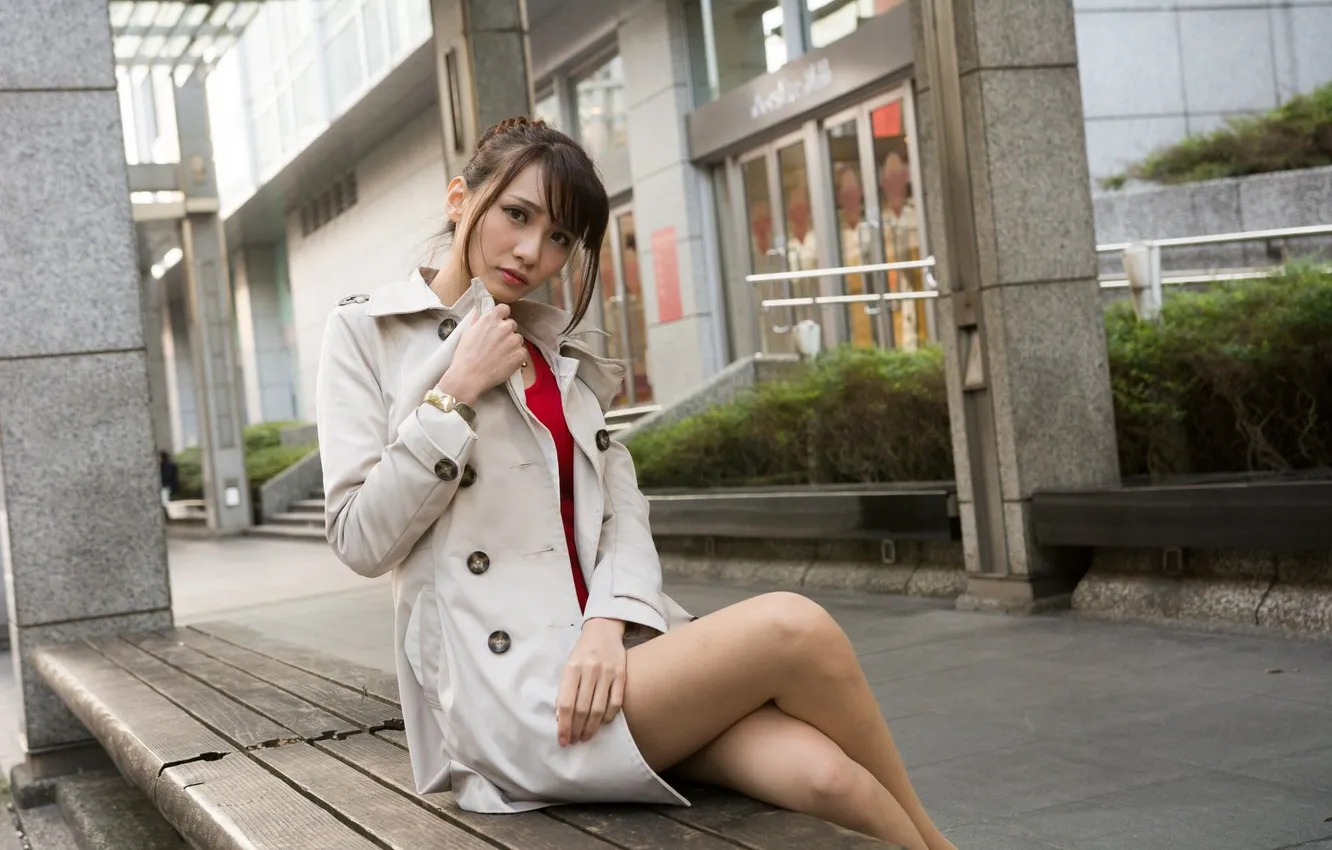 Photo wallpaper Asian, cutie, asian, cutie, asian girls, sitting on a bench, city photo shoot, asian girls