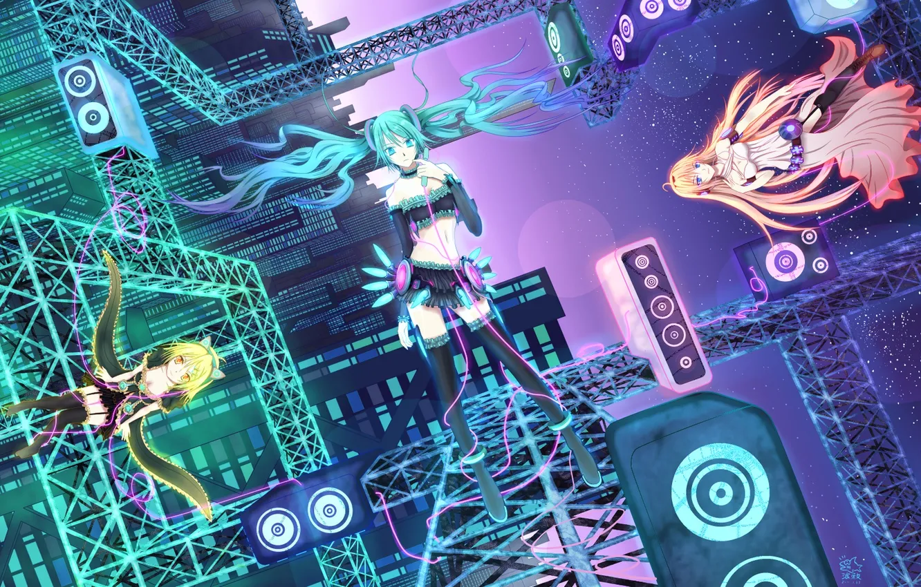 Photo wallpaper the sky, girl, stars, clouds, night, art, microphone, vocaloid