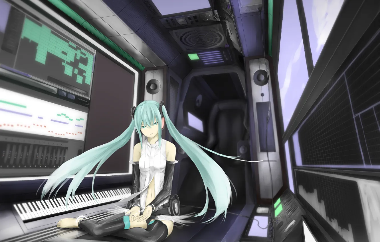 Photo wallpaper girl, music, dynamics, art, vocaloid, hatsune miku, sitting, loundraw
