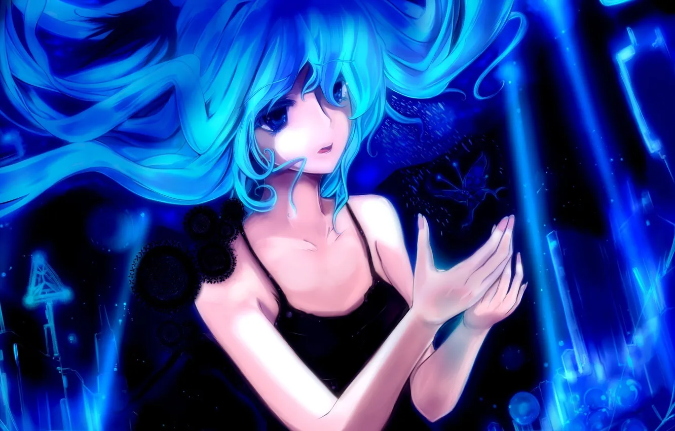 Photo wallpaper girl, circles, butterfly, hair, art, vocaloid, hatsune miku, Vocaloid