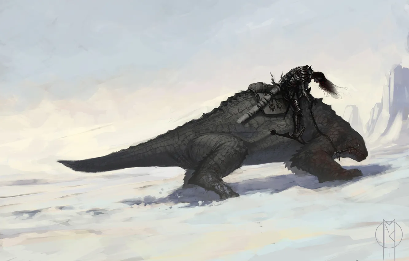 Photo wallpaper snow, monster, art, lizard, rider