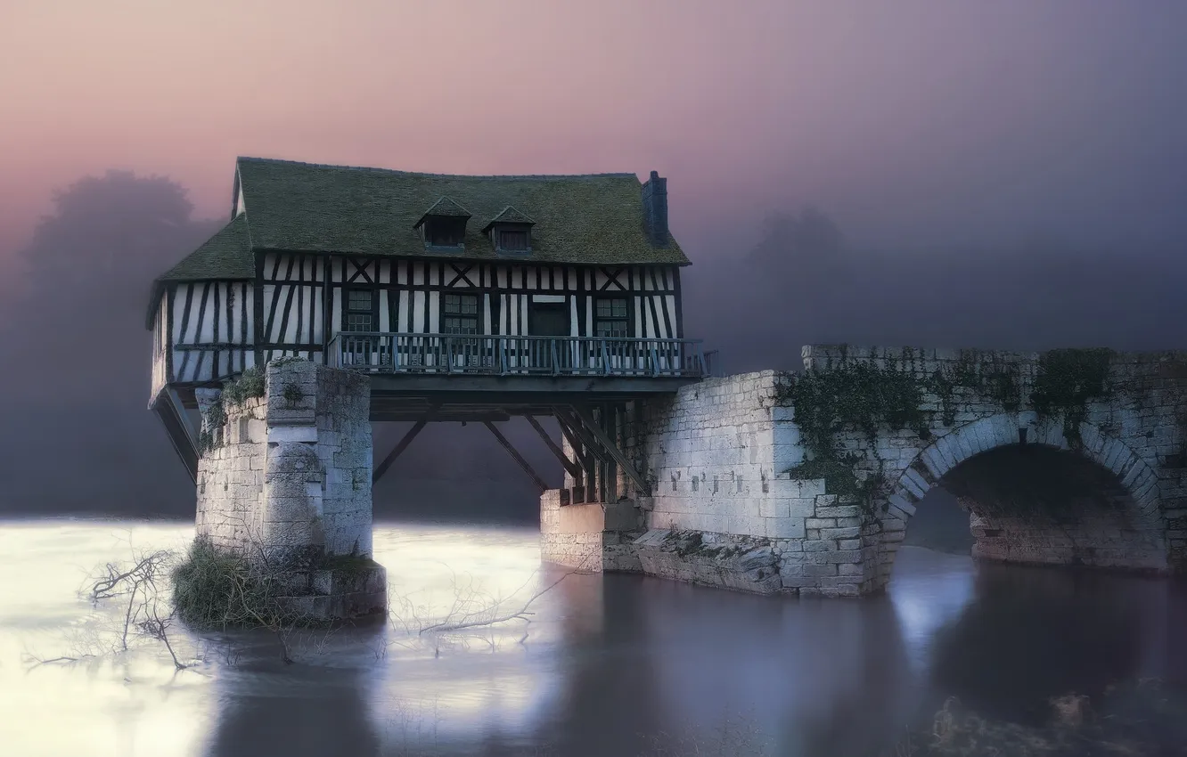 Photo wallpaper house, river, landscape, nature, bridge, fog, sunrise, architecture