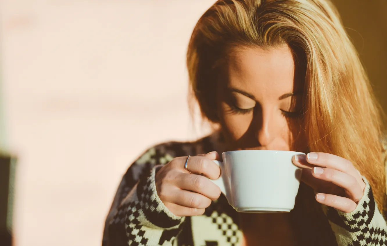 Photo wallpaper girl, tea, coffee, morning, blonde, Cup