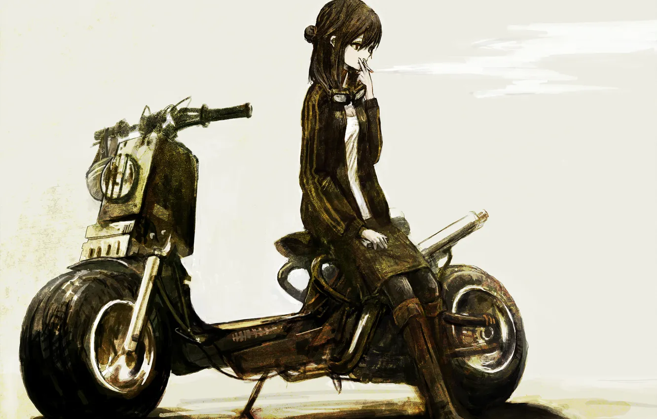 Photo wallpaper girl, smoke, cigarette, motorcycle, short hair