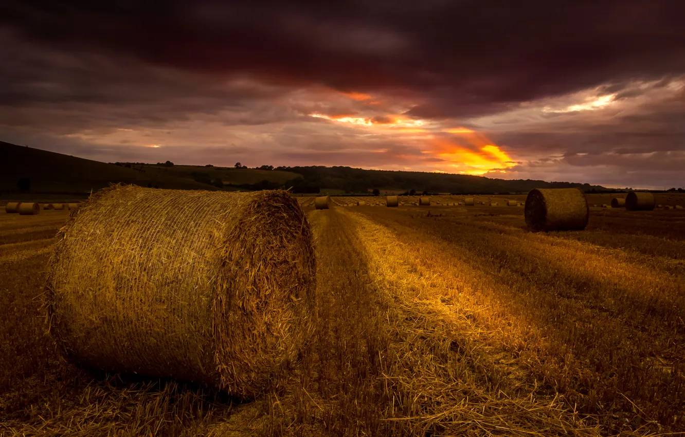 Photo wallpaper field, sunset, the evening, stack, hay