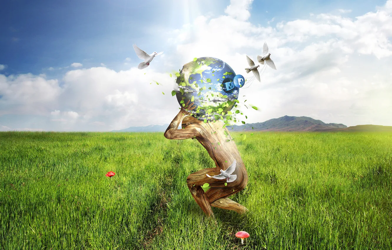 Photo wallpaper field, the sky, grass, clouds, mountains, green, earth, people