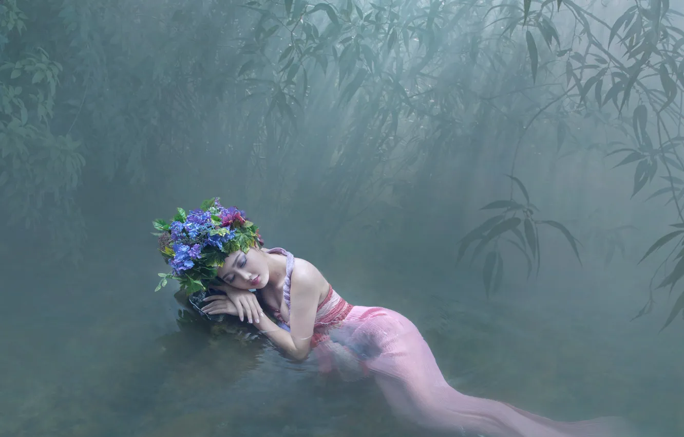 Photo wallpaper forest, water, girl, pose, mood, stay, the situation, bamboo