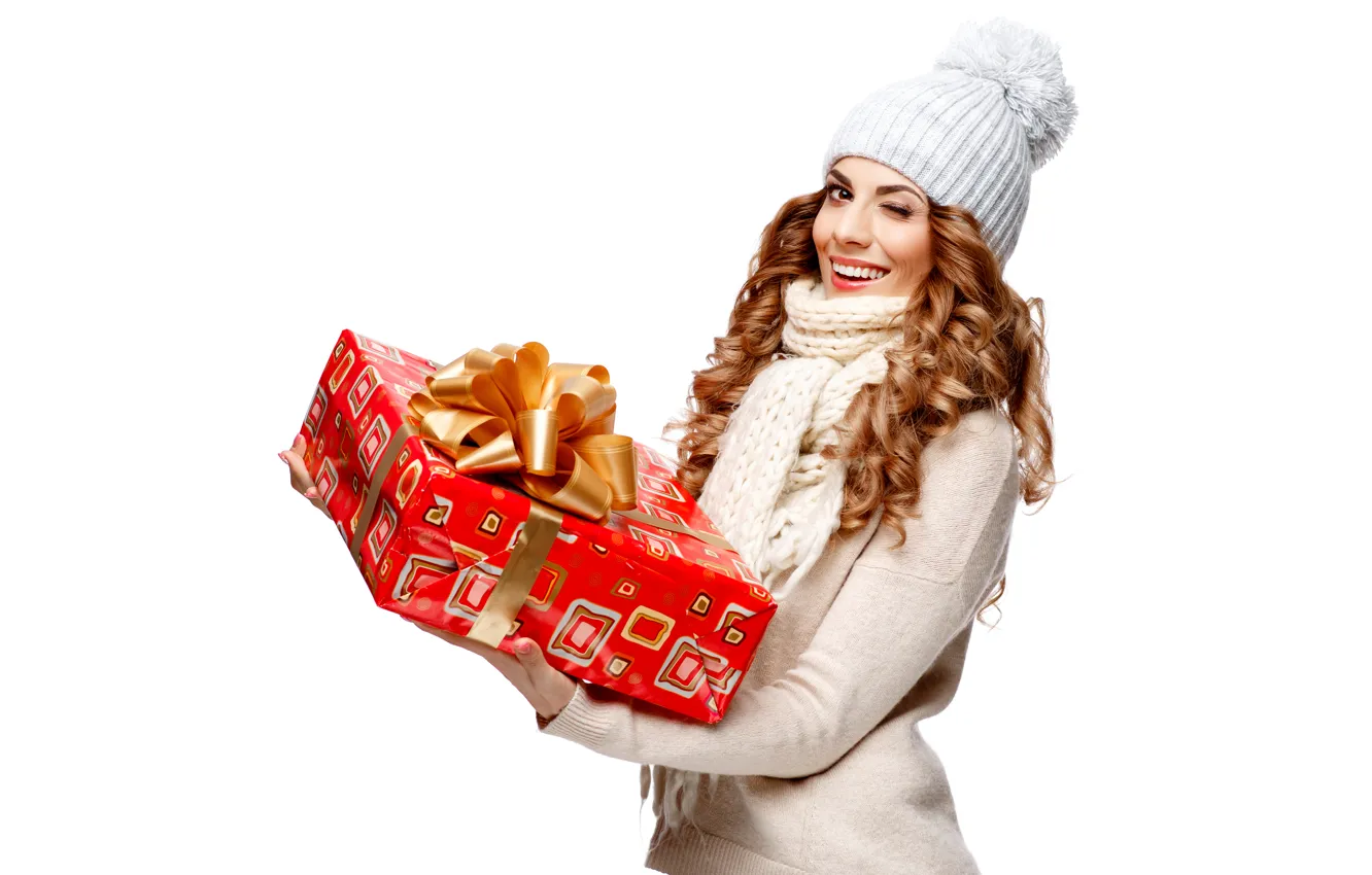 Photo wallpaper girl, joy, smile, holiday, box, gift, hat, scarf