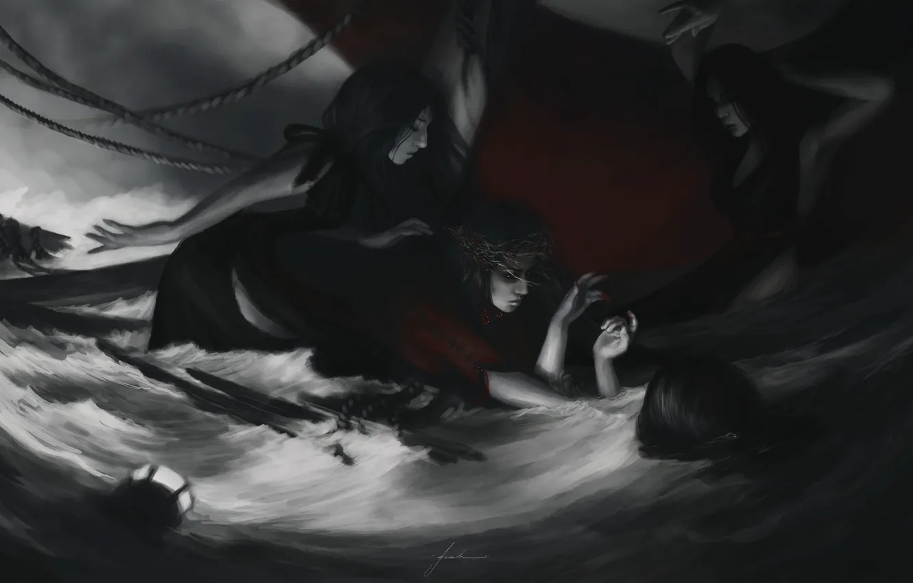 Photo wallpaper sea, girl, storm