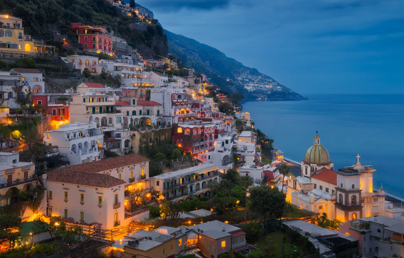 Photo wallpaper lights, sea, Italy, coast, night, Town, Positano, Ernest Vahedi