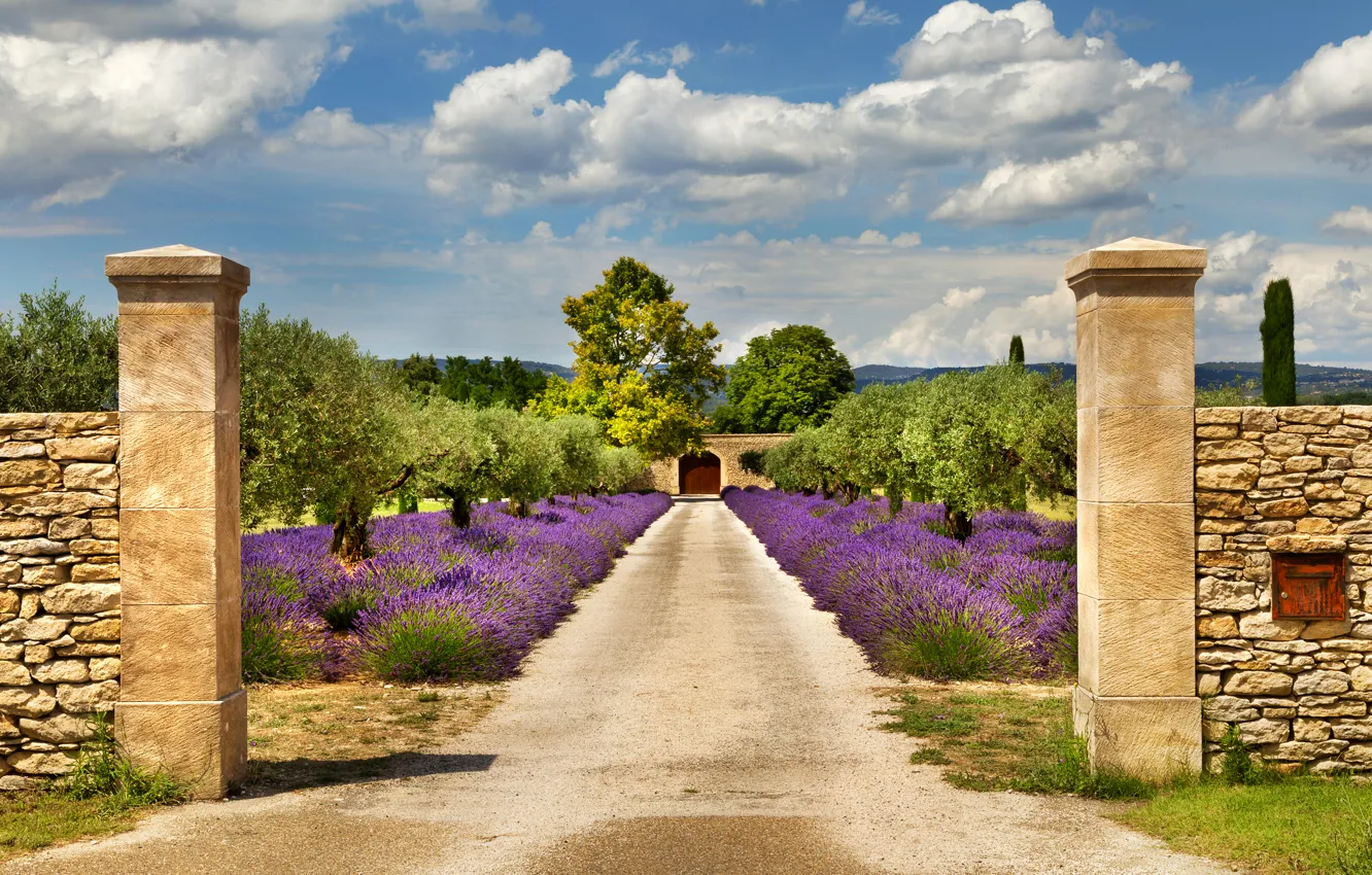 Photo wallpaper road, the sky, clouds, trees, the fence, France, gate, garden