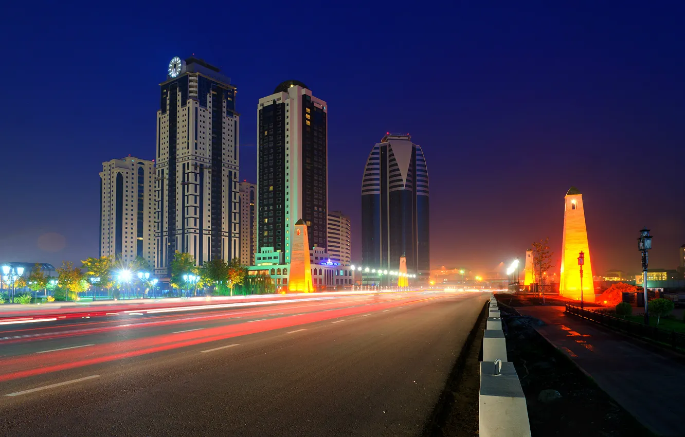 Photo wallpaper road, night, the city, Russia, skyscrapers, Chechnya, terrible, Grozny City