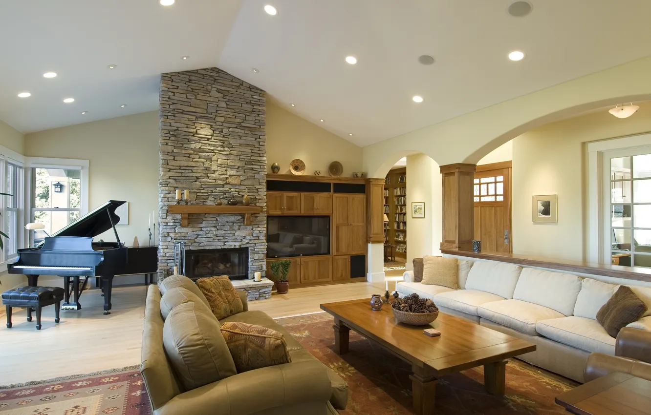 Photo wallpaper interior, piano, fireplace, living room
