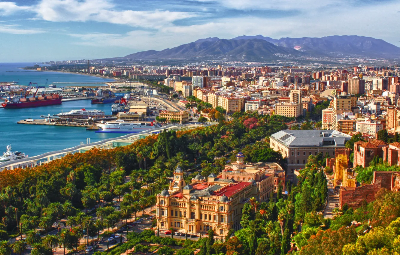 Photo wallpaper sea, mountains, palm trees, ship, home, port, panorama, Spain