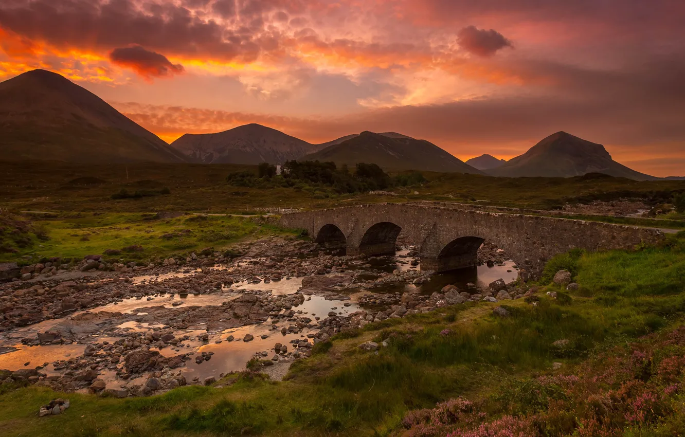 Photo wallpaper sunset, mountains, bridge, stones, shore, Scotland, river, pond