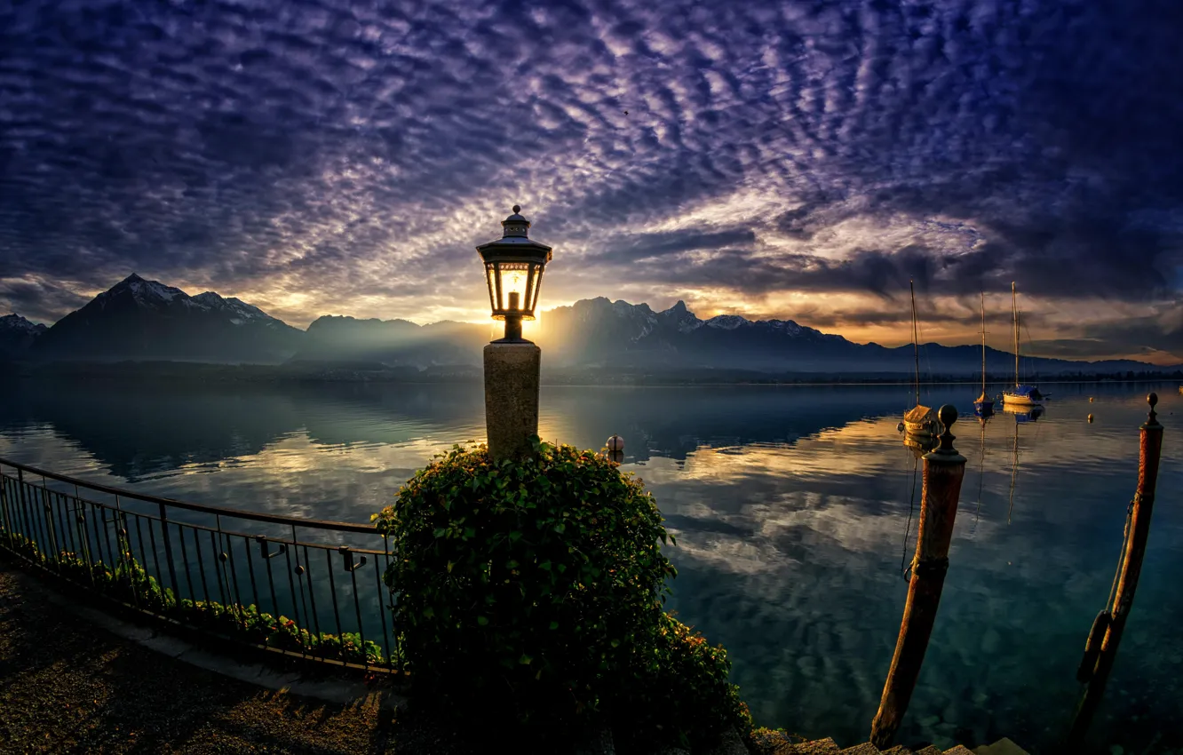 Photo wallpaper landscape, sunset, mountains, nature, boats, Switzerland, lantern, Lake Thun