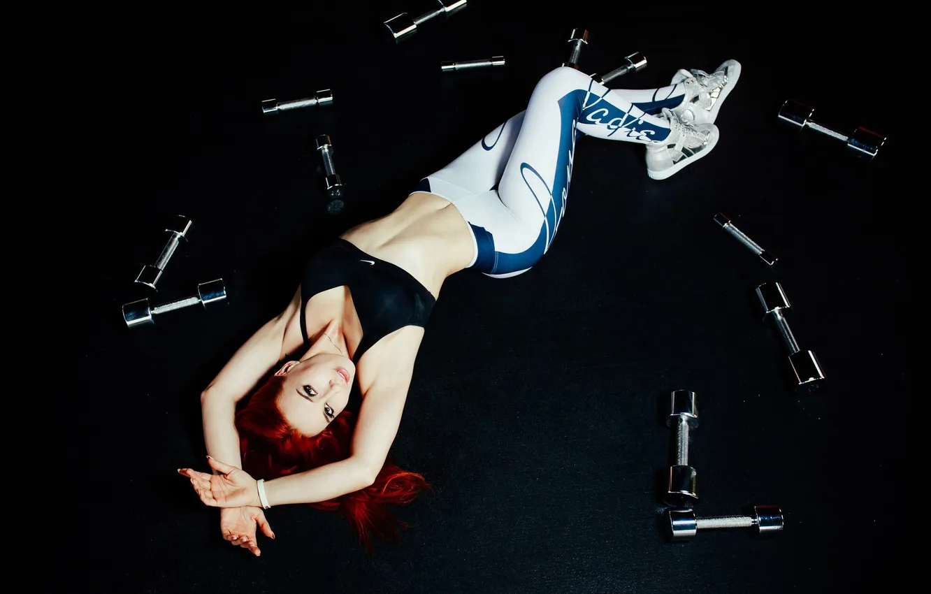 Photo wallpaper sports, fitness model, sneakers, dumbbells