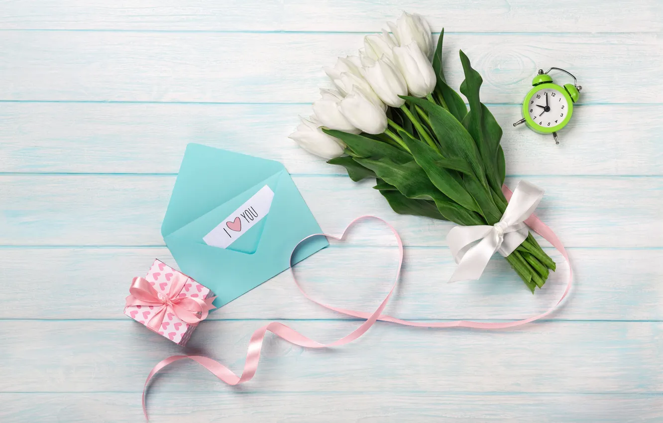 Photo wallpaper flowers, bouquet, tulips, love, white, white, i love you, heart