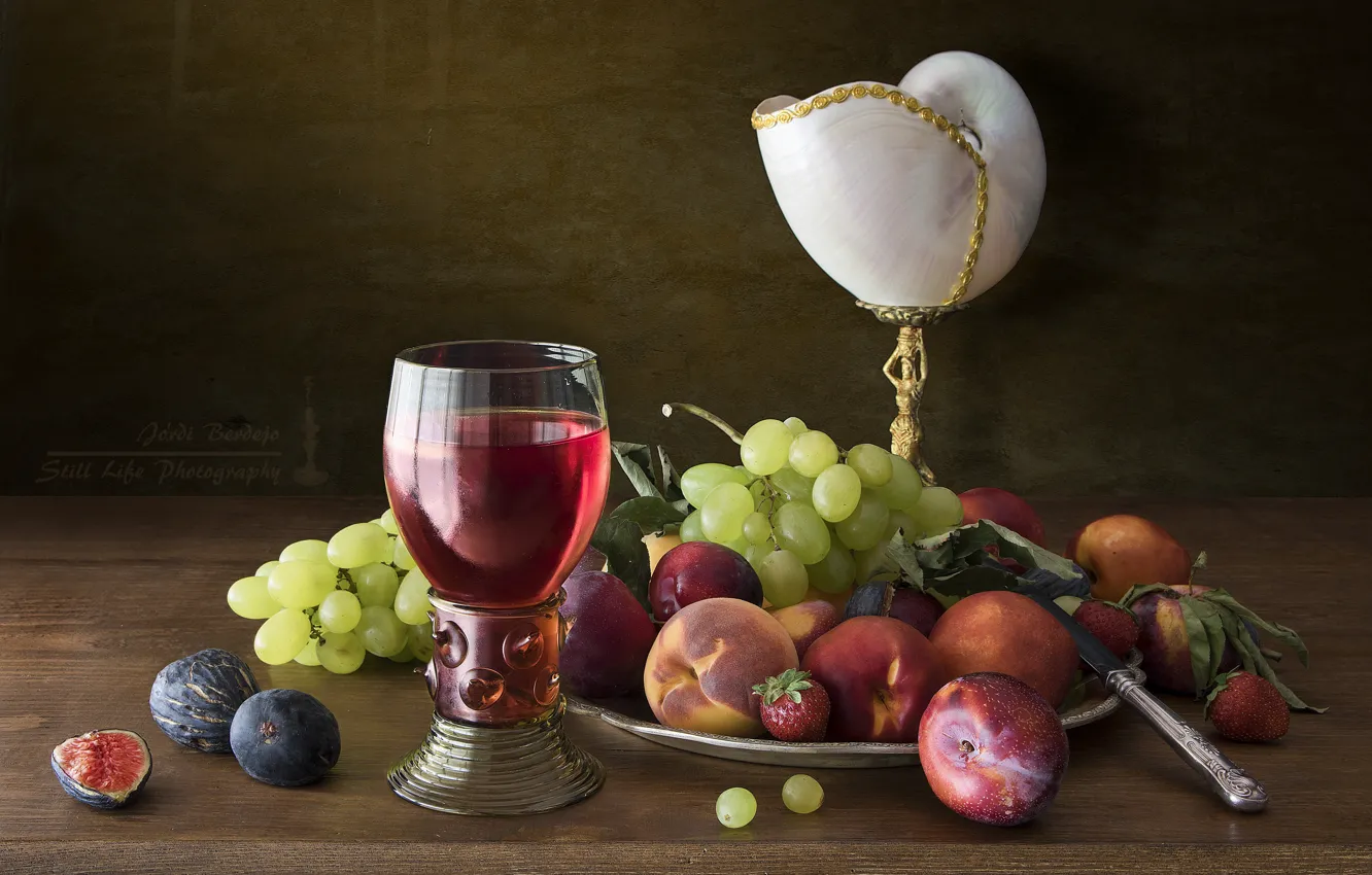 Photo wallpaper wine, glass, shell, strawberry, grapes, still life, plum, peach
