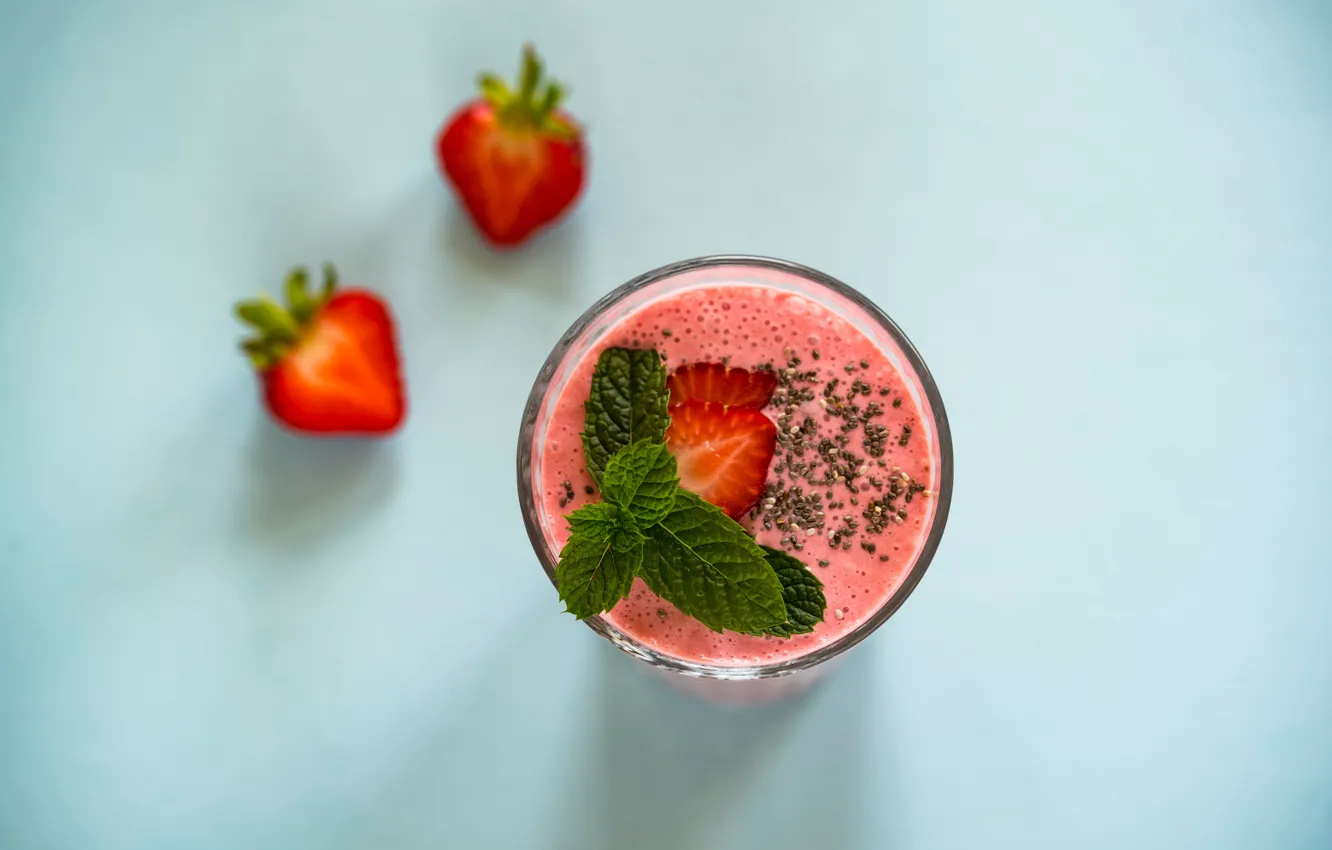 Photo wallpaper glass, berries, Breakfast, strawberry, smoothies with yogurt