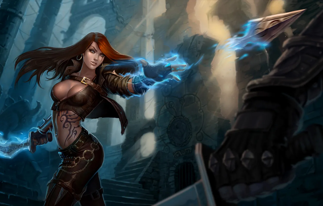 Photo wallpaper girl, magic, sword, hands, art, tattoo, dagger, ruins