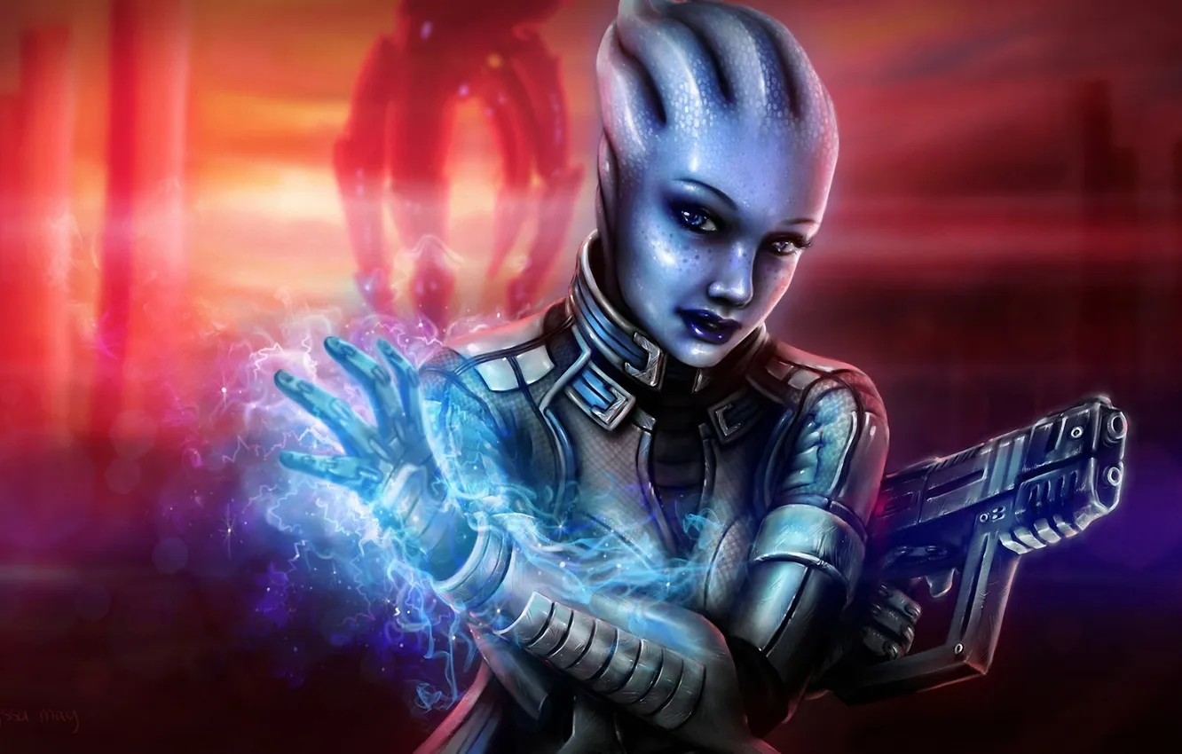 Photo wallpaper girl, weapons, art, mass effect, Azari, liara, biotik