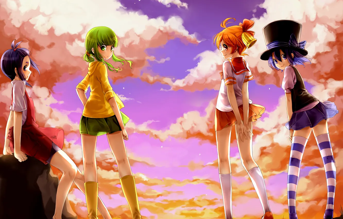 Photo wallpaper girl, clouds, sunset, hat, anime, art, bow, bells