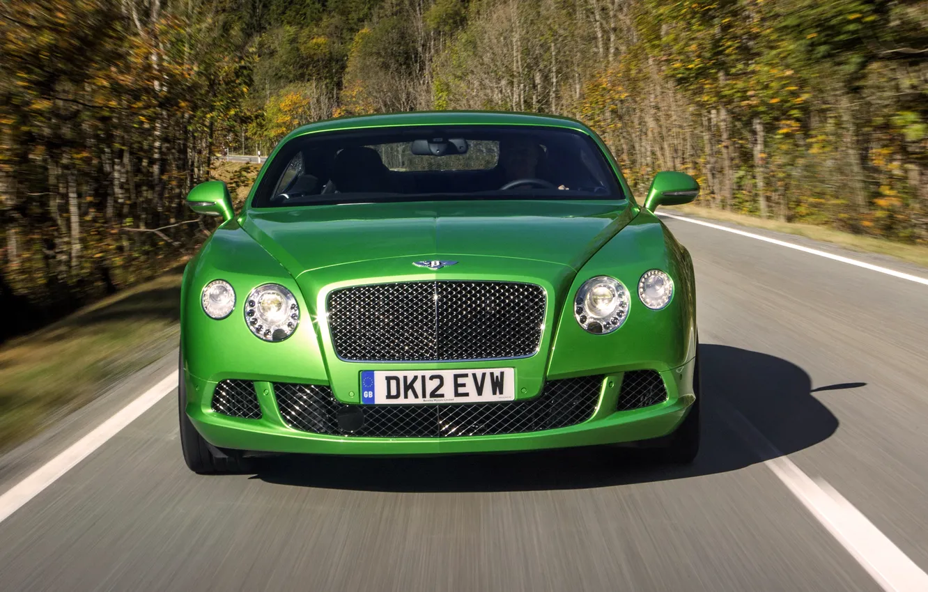 Photo wallpaper road, machine, auto, green, Bentley, Continental, grille, logo