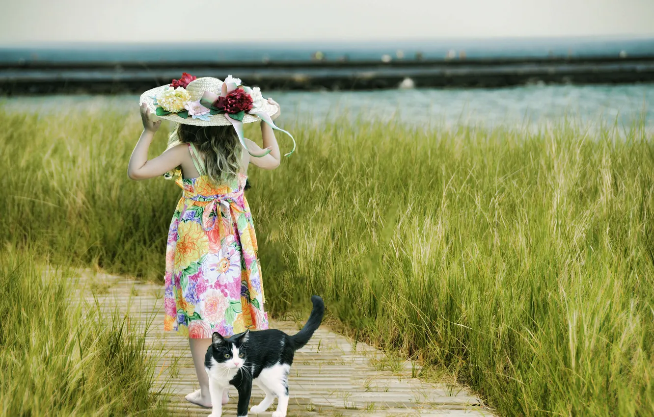 Photo wallpaper field, grass, cat, children, hat