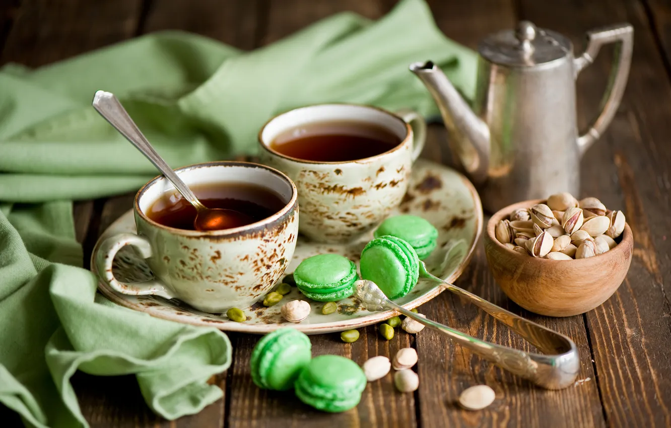 Photo wallpaper tea, still life, pistachios, pasta