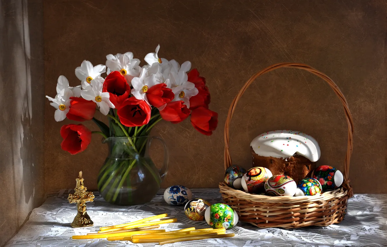 Photo wallpaper flowers, holiday, bouquet, spring, Easter, tulips, still life, cake
