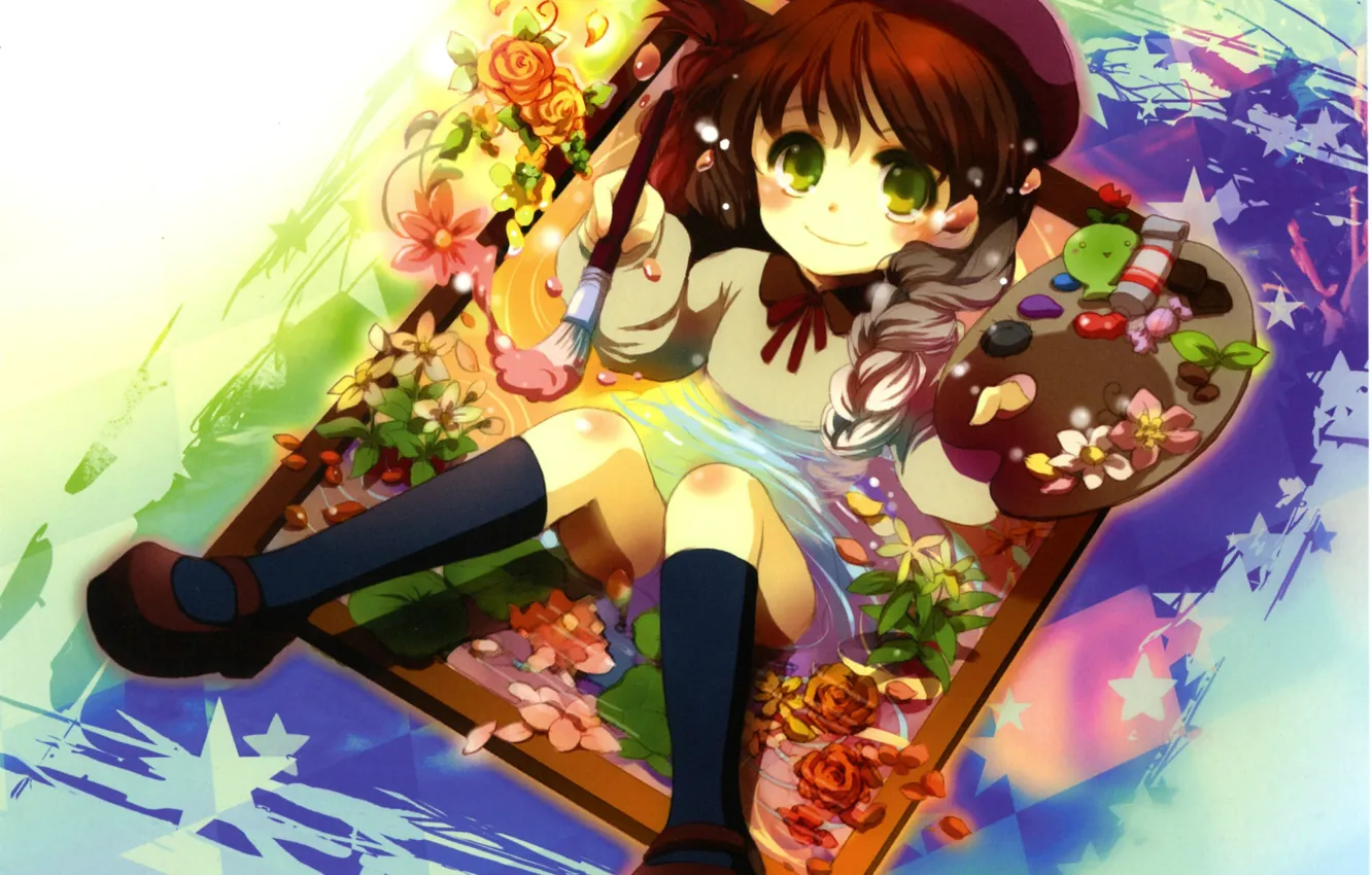 Photo wallpaper flowers, smile, paint, frame, picture, Girl, palette, brush