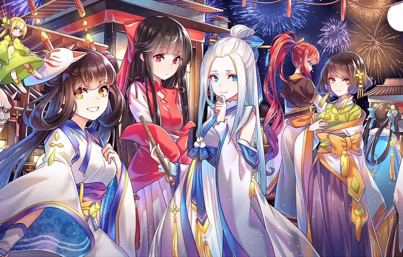 Photo wallpaper night, street, mask, lights, costume, girl, fireworks, flute