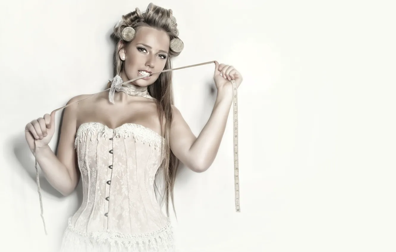 Photo wallpaper girl, teeth, white background, corset, curler, meter