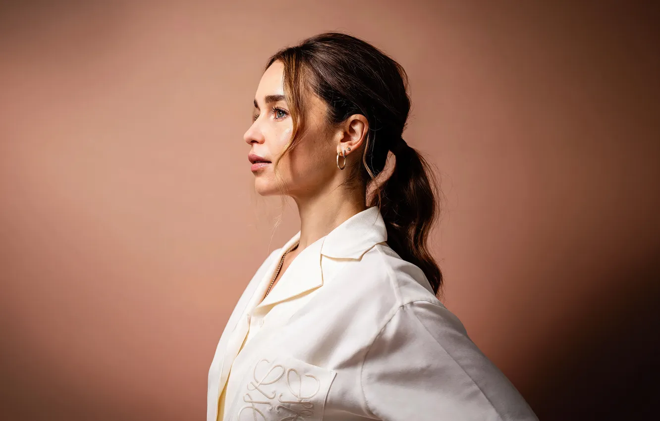 Photo wallpaper white, girl, pose, photo, background, model, earrings, shirt