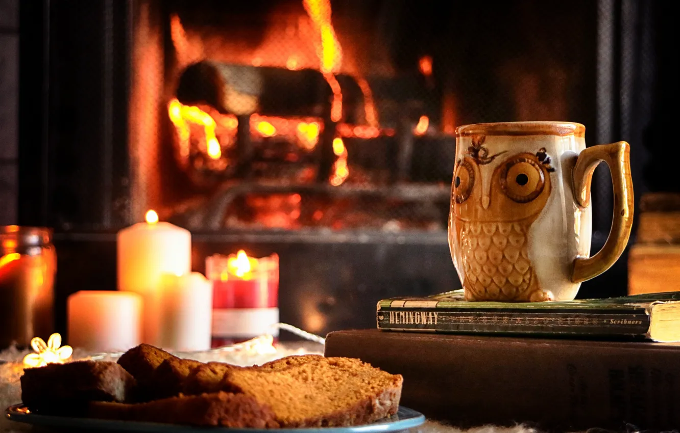 Photo wallpaper dessert, bread, tea, fireplace, candle, owl, books, mug