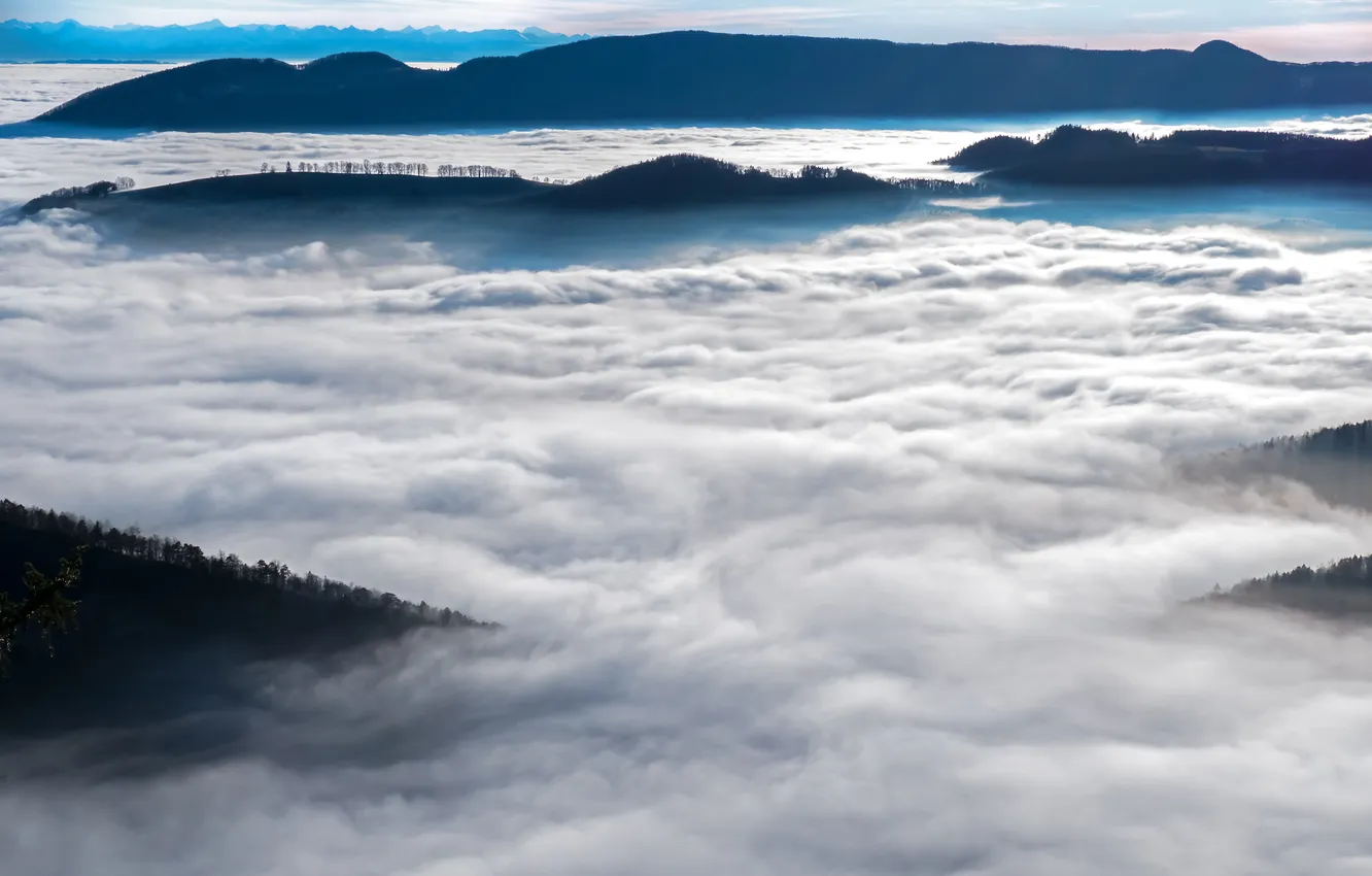 Photo wallpaper mountains, fog, tops, height, dal, morning, slope, haze