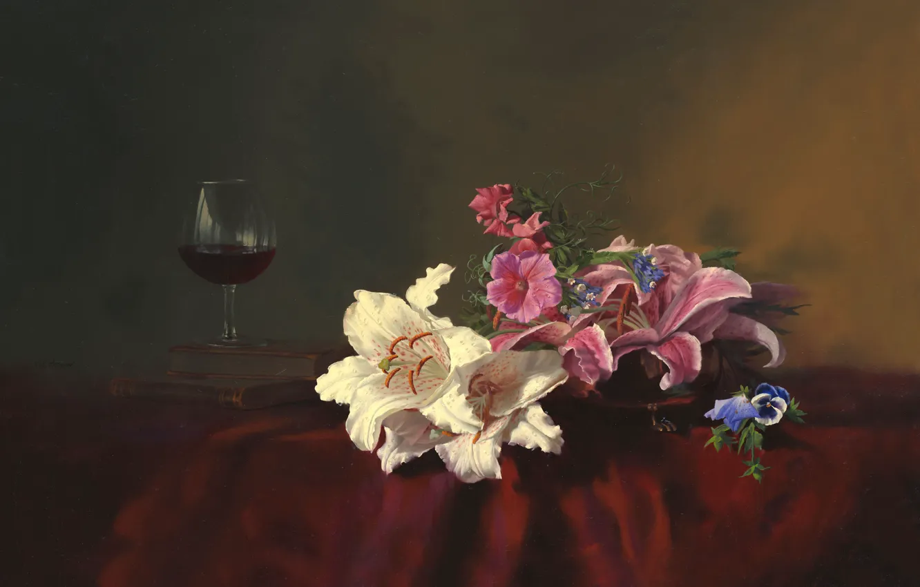 Photo wallpaper flowers, table, wine, Lily, glass, books, picture, still life
